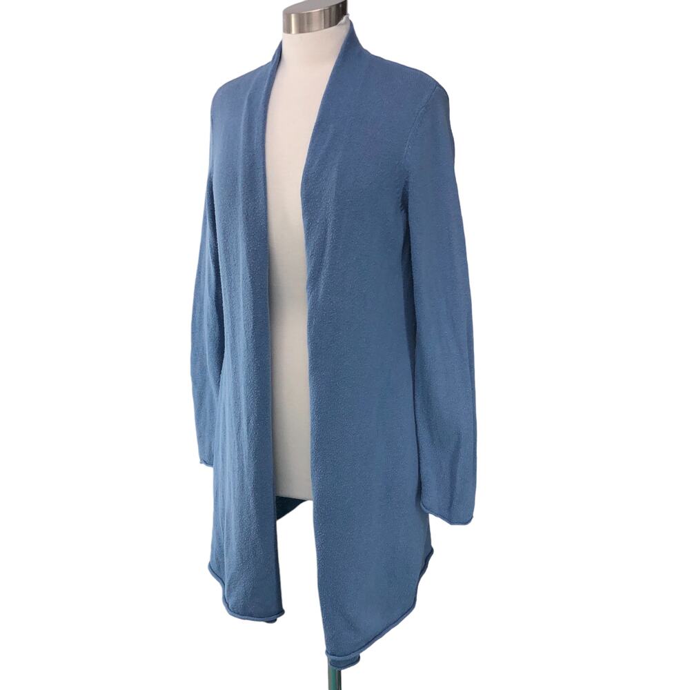 Chicos Size 1 US 8 M Open Front Cardigan Sweater Blue Cotton Blend TINY FLAW